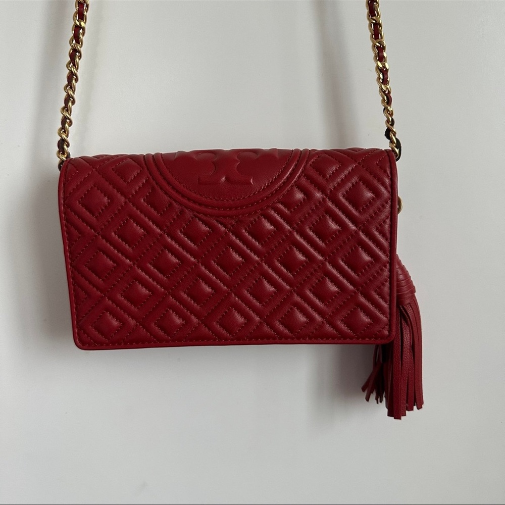 Tory Burch Red Quilted Crossbody Bag with Gold Chain